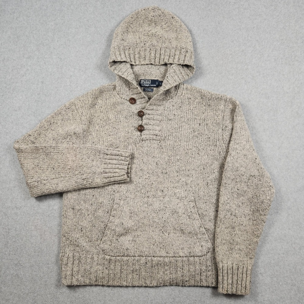 Polo Ralph Lauren Sweater Large Gray Wool Alpaca Cable Knit Pullover Hooded